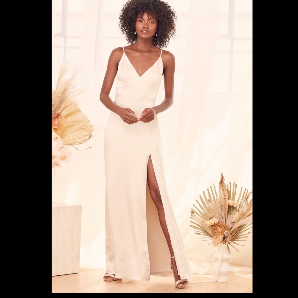 NWT Lulus Champagne Maxi Found Your Forever Dress with slit, medium, bridesmaid